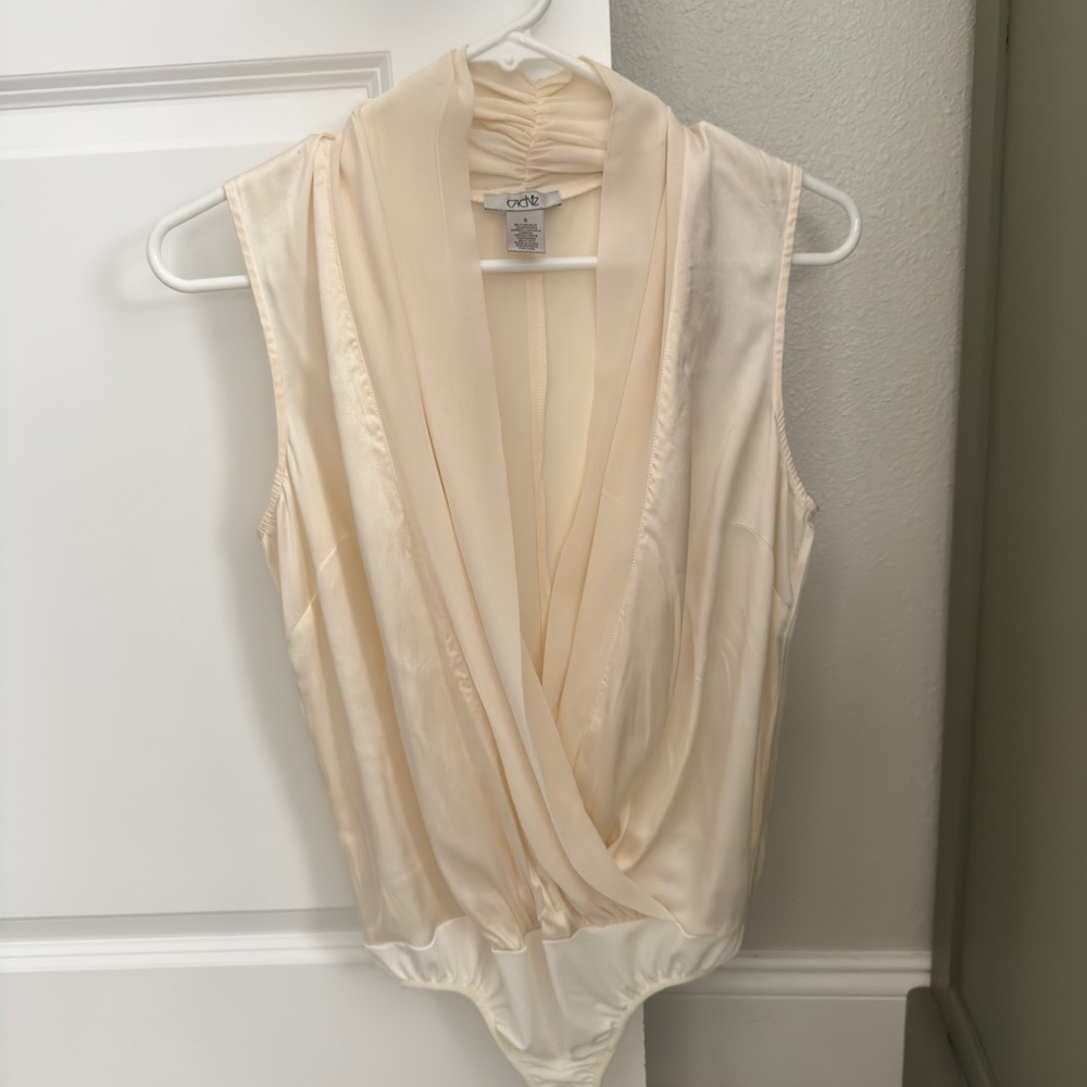 Cache Cream Satin Draped V-Neck Sleeveless Bodysuit